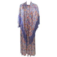 MISSONI Blue Silk Floral Print 3pc Skirt Ensemble with Fringe Wrap Size 10 12