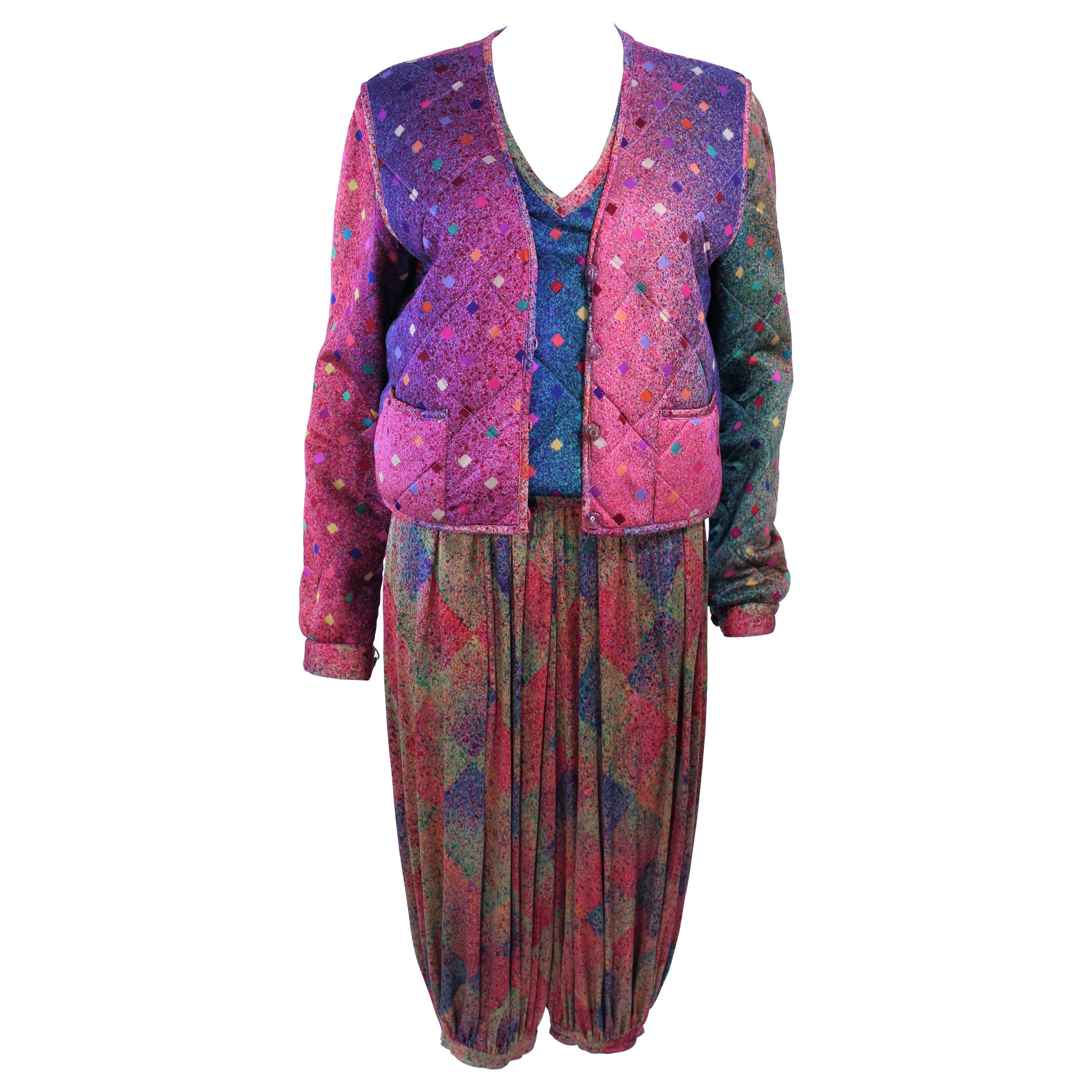 MISSONI Silk Rainbow Print Ensemble with Harem Pants Quilted Sweater Size 6 8