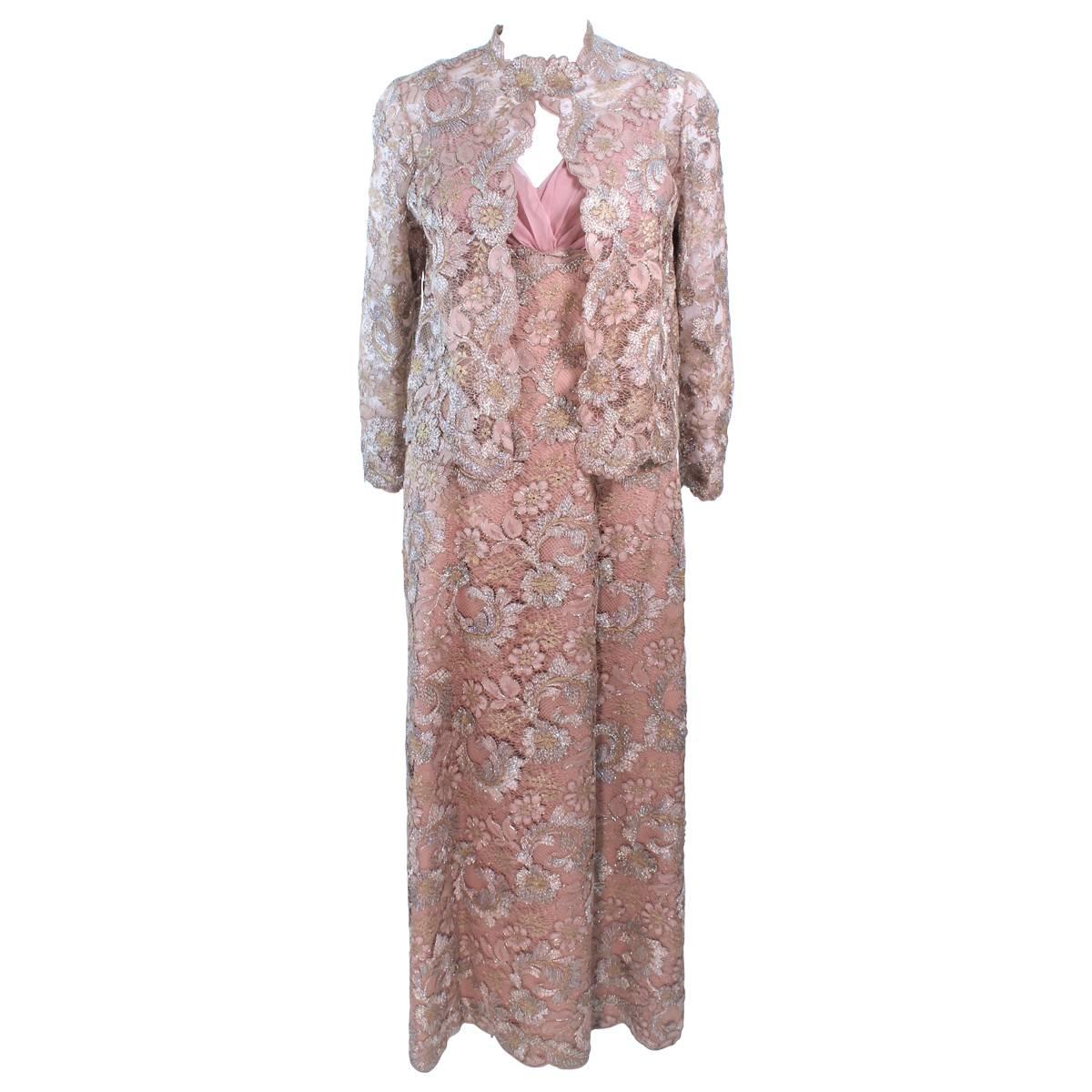 Vintage 1950's Peach Champagne Iridescent Lace Gown and Coat Size 8 10 For Sale