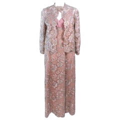 Retro 1950's Peach Champagne Iridescent Lace Gown and Coat Size 8 10
