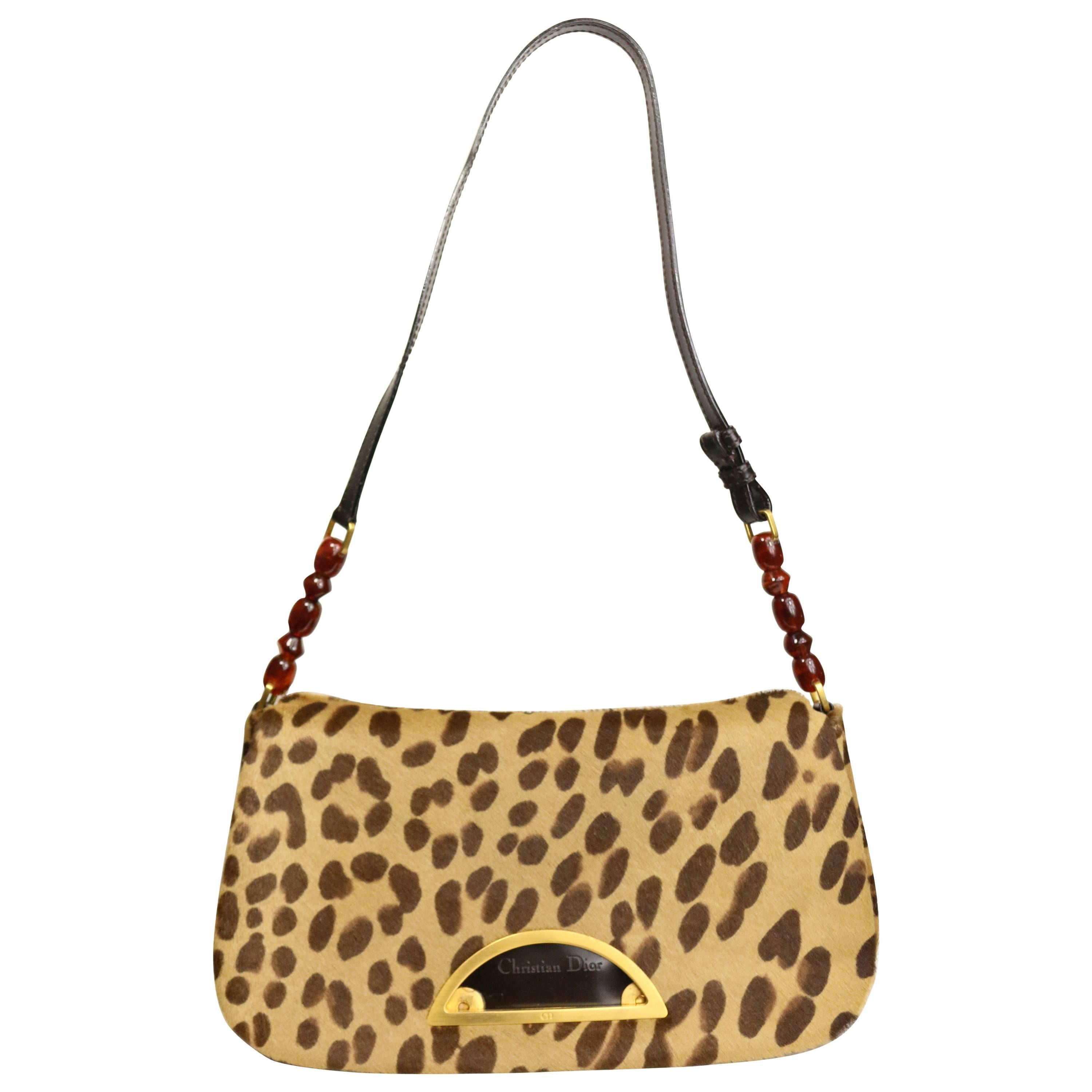 Christian Dior Leopard Print Pony Hair Baguette Bag
