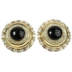 Valentino Classic Black Gold Toned Crystal Rhinestones Clip On Earrings 