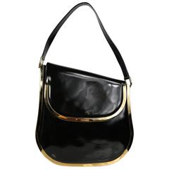 Vintage Gucci by Tom Ford Black Patent Leather Gold Toned Piping Shoulder Bag