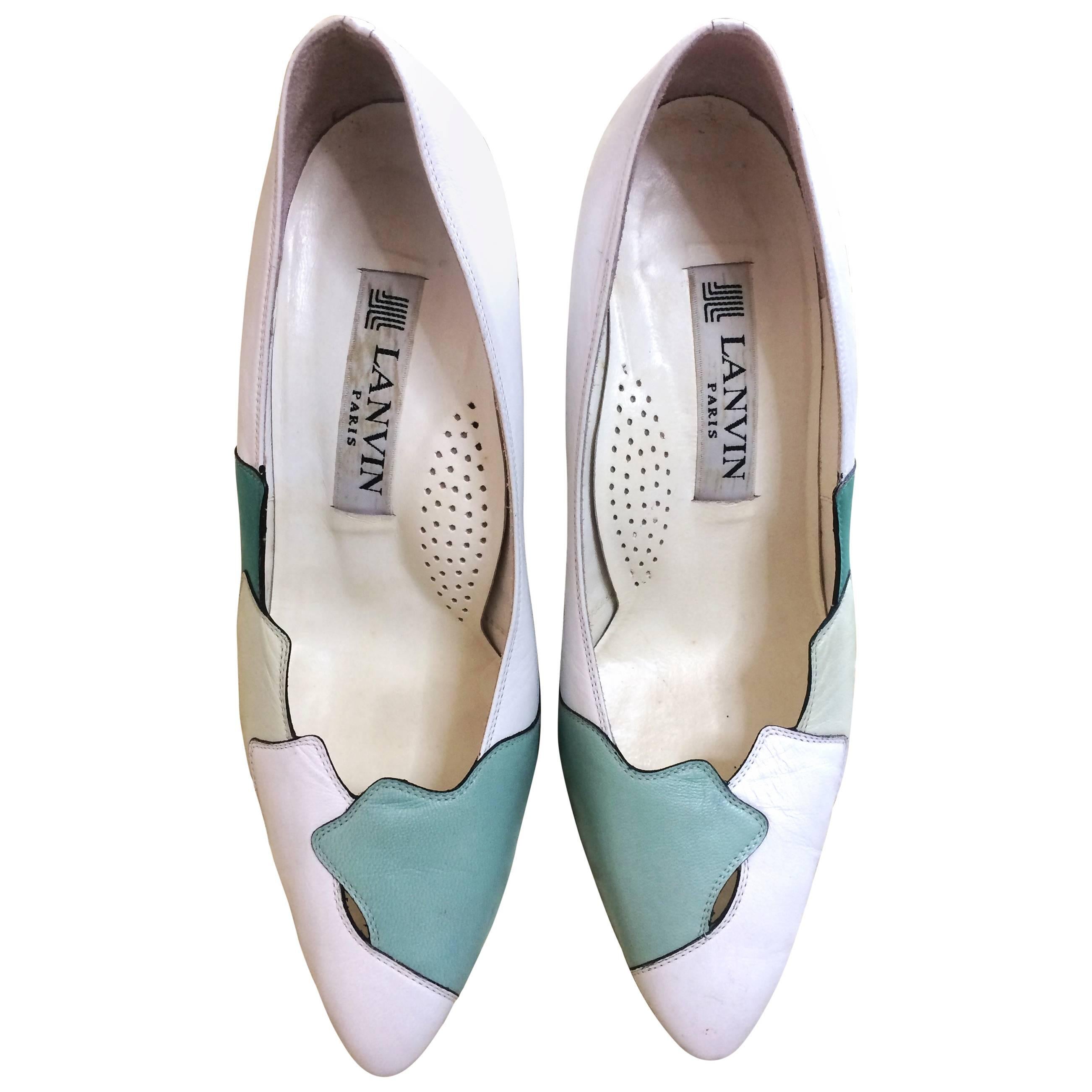 Vintage LANVIN white, light green, and green layered leather shoes, pumps. 6-6.5