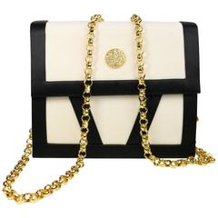 Vintage Escada White Wool with Black Satin Piping Trim Gold Chain Evening Boxy Clutch/Ba