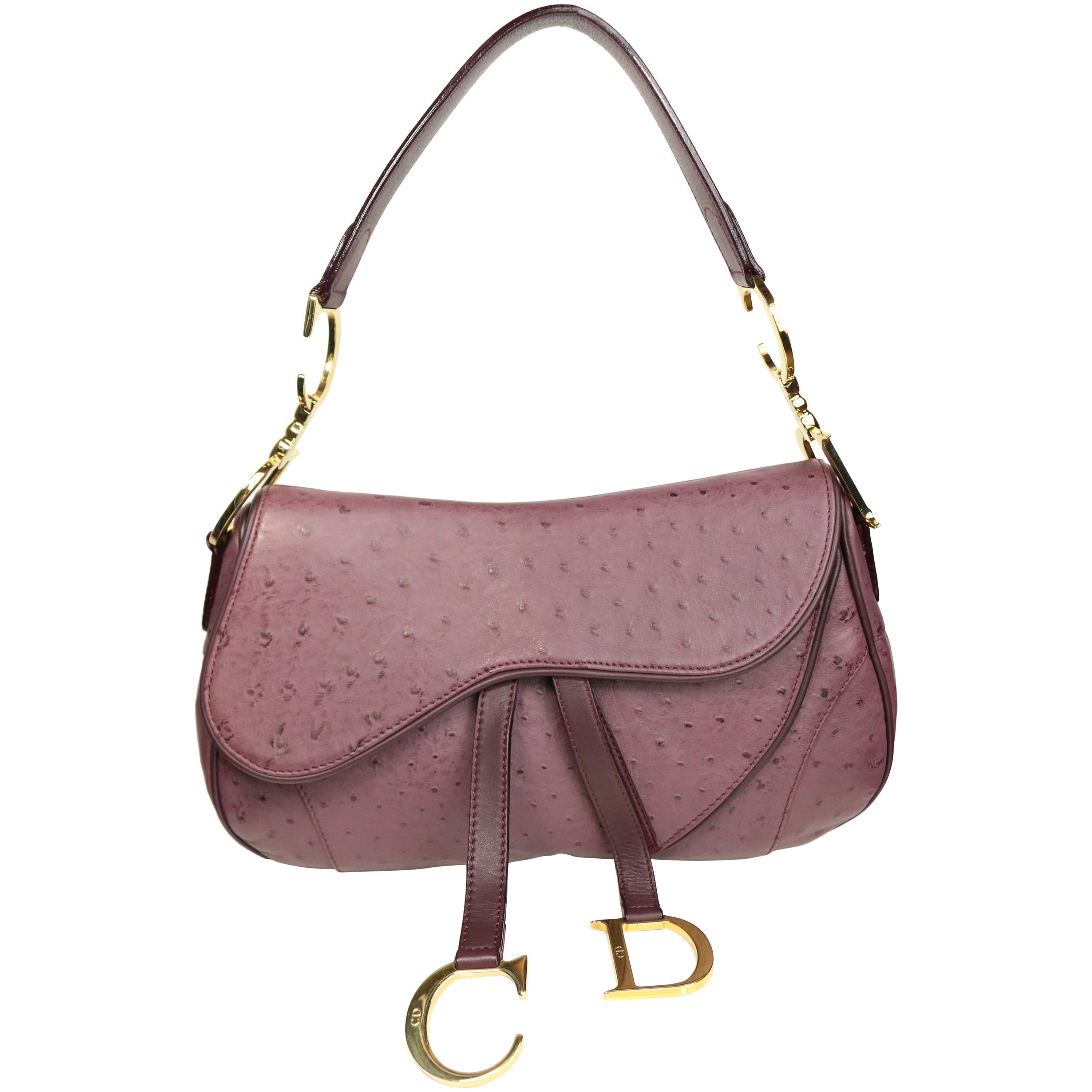 Dior Aubergine Ostrich Double Saddle Handbag With Gold "CD" Hardware
