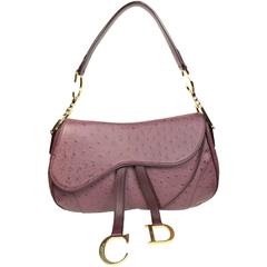 Dior Aubergine Ostrich Double Saddle Handbag With Gold "CD" Hardware