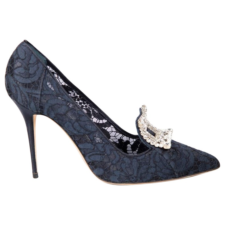 Manolo Blahnik Navy Lace Crystal Buckle Pumps For Sale