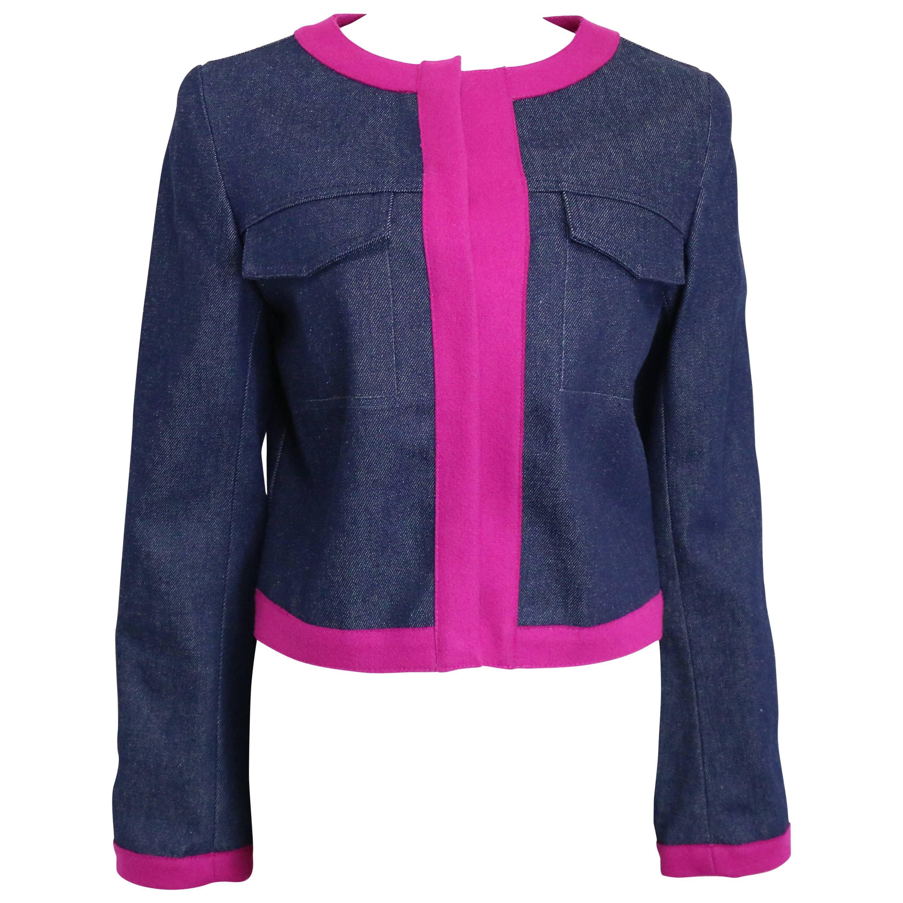 - Featuring two front flap pockets and six buttons fastening. This denim jacket is unique with a shocking pink wool trim. Elegant yet chic is the modern day world attire. 

- The jacket has never been used before. It comes with a tag 

- Made in