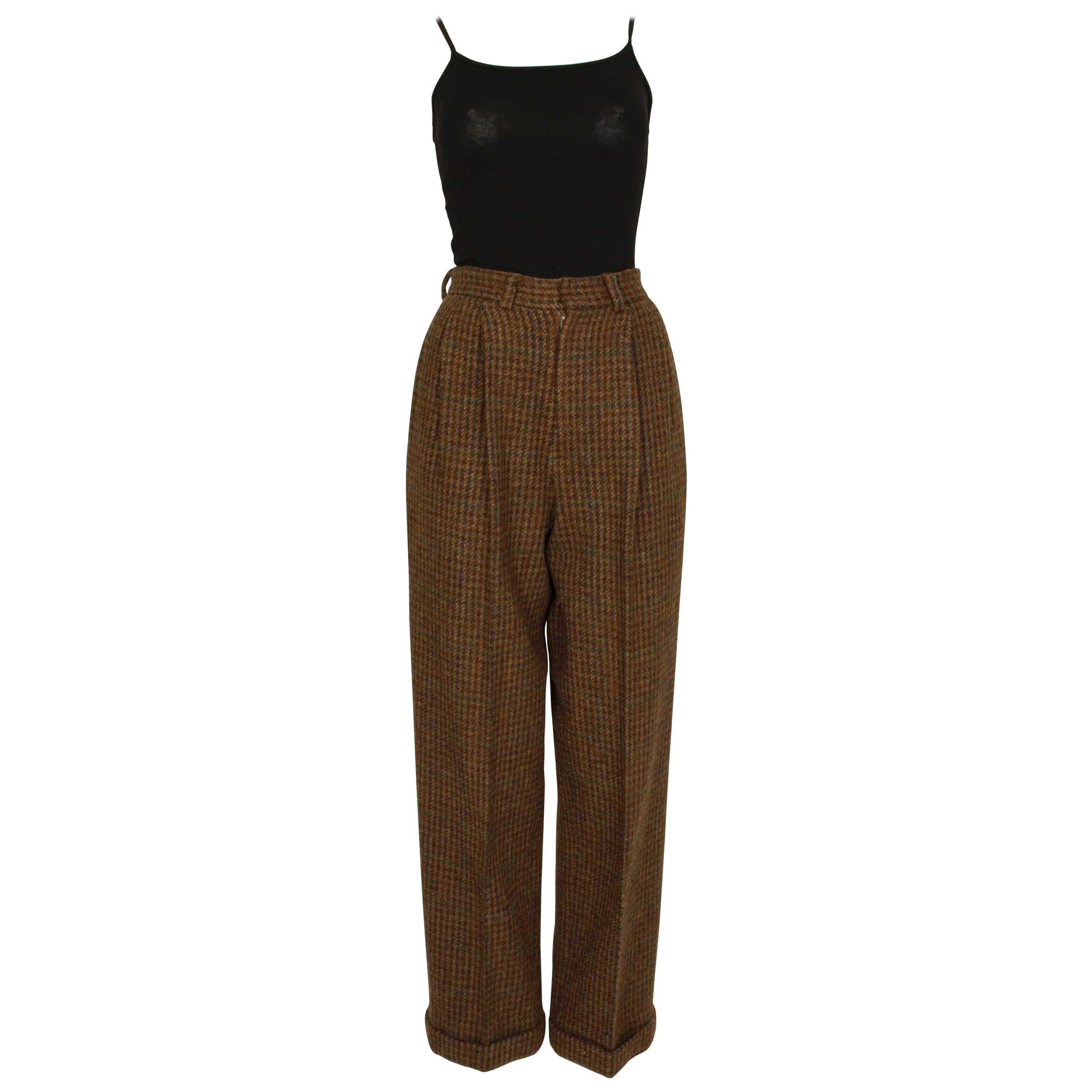 1980s Ralph Lauren Green and Burgundy Houndstooth Wool Trousers For Sale