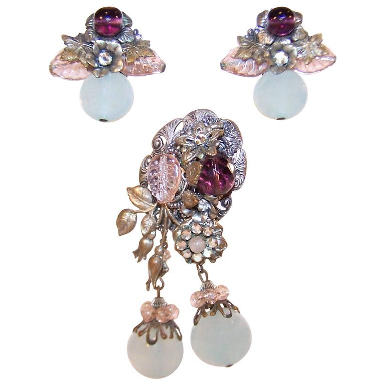 Ethereal 1930's Miriam Haskell Brooch and Earrings Set For Sale at 1stDibs