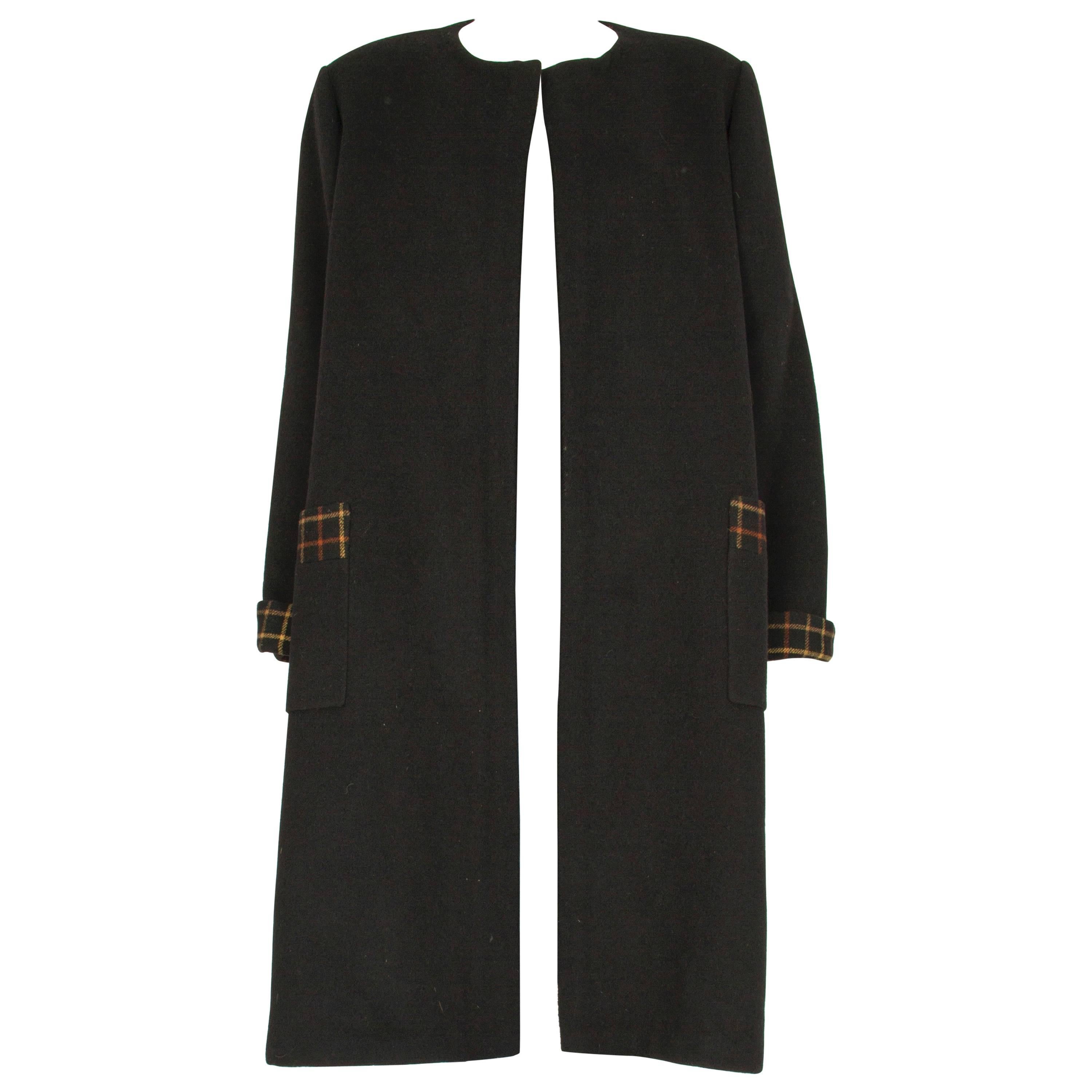 1960s Harald Black Wool Overcoat with Caramel and Brown Check Lining For Sale