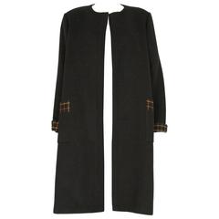 1960s Harald Black Wool Overcoat with Caramel and Brown Check Lining