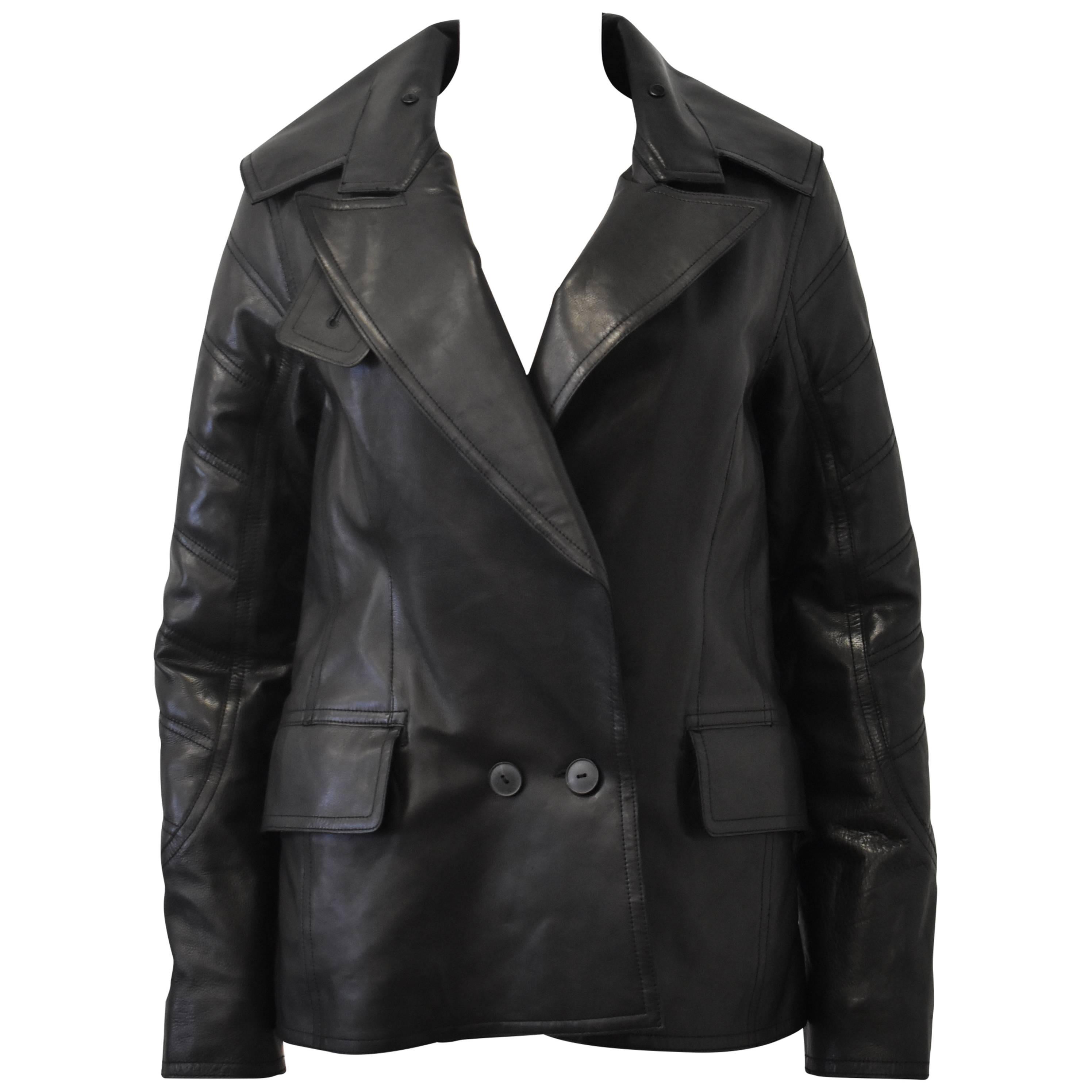 Alexander Wang Leather Biker Jacket with Quilted Sleeves and Oversize Collar For Sale