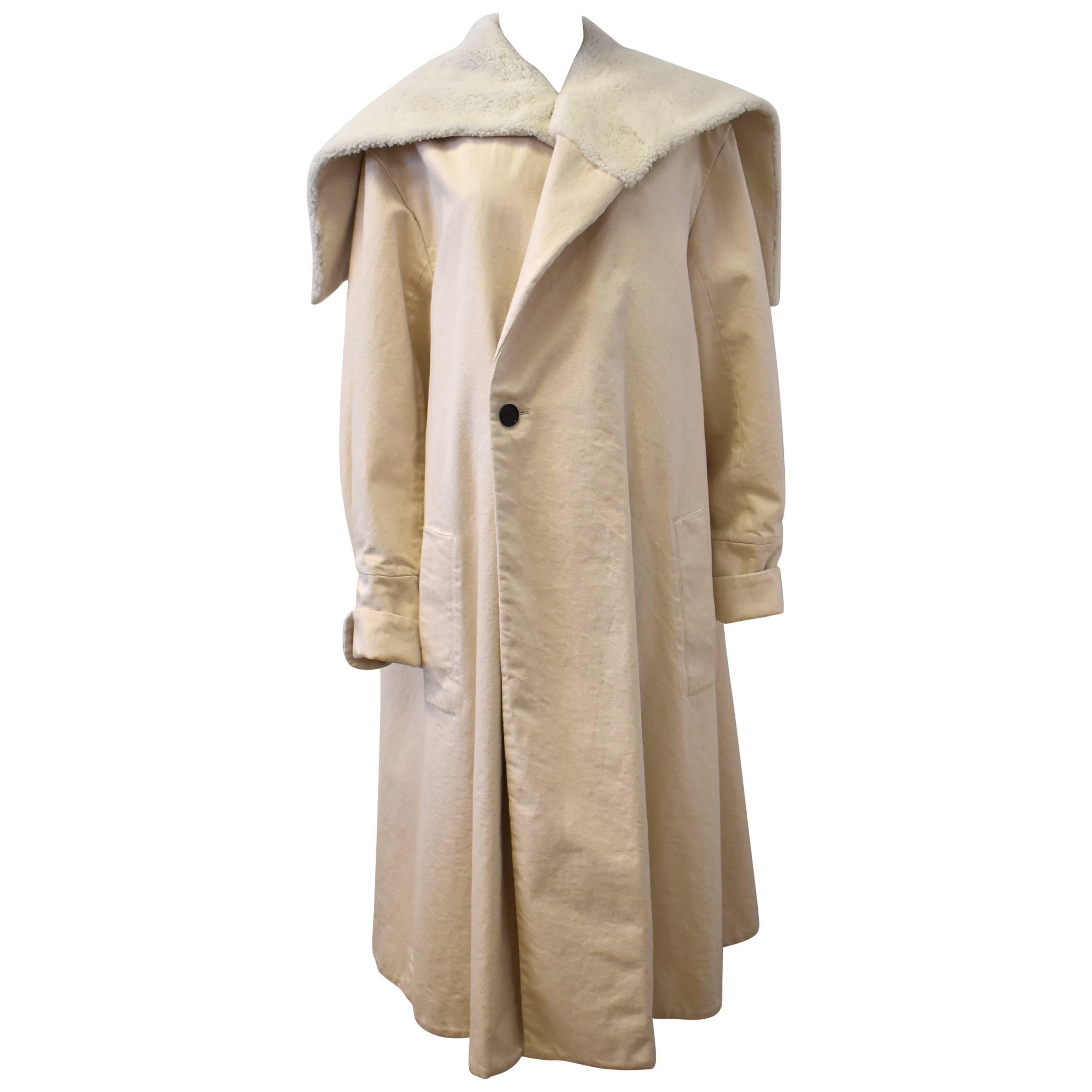 Loewe Cream Cotton Oversize Coat with Shearling Collar 