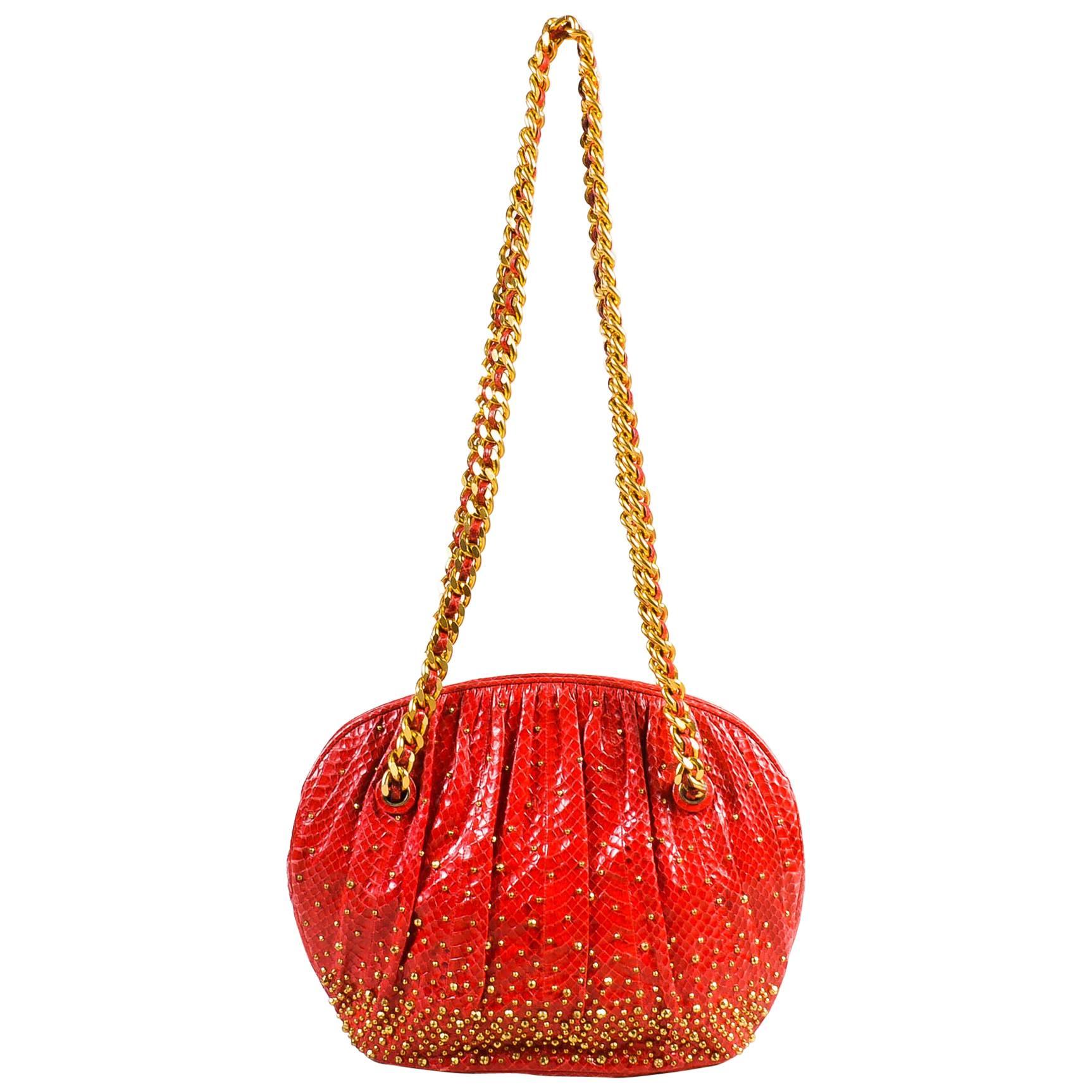 Vintage Judith Lieber Red Python Gold Tone Studded Pleated Chain Link Strap Bag  For Sale