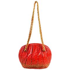 Vintage Judith Lieber Red Python Gold Tone Studded Pleated Chain Link Strap Bag 