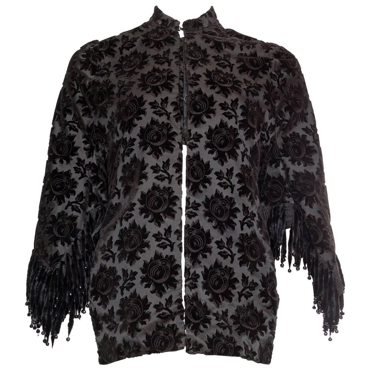 Victorian Black Silk 1880 Venetian Hand Woven Soprarizzo Velvet Dolman Jacket W For Sale