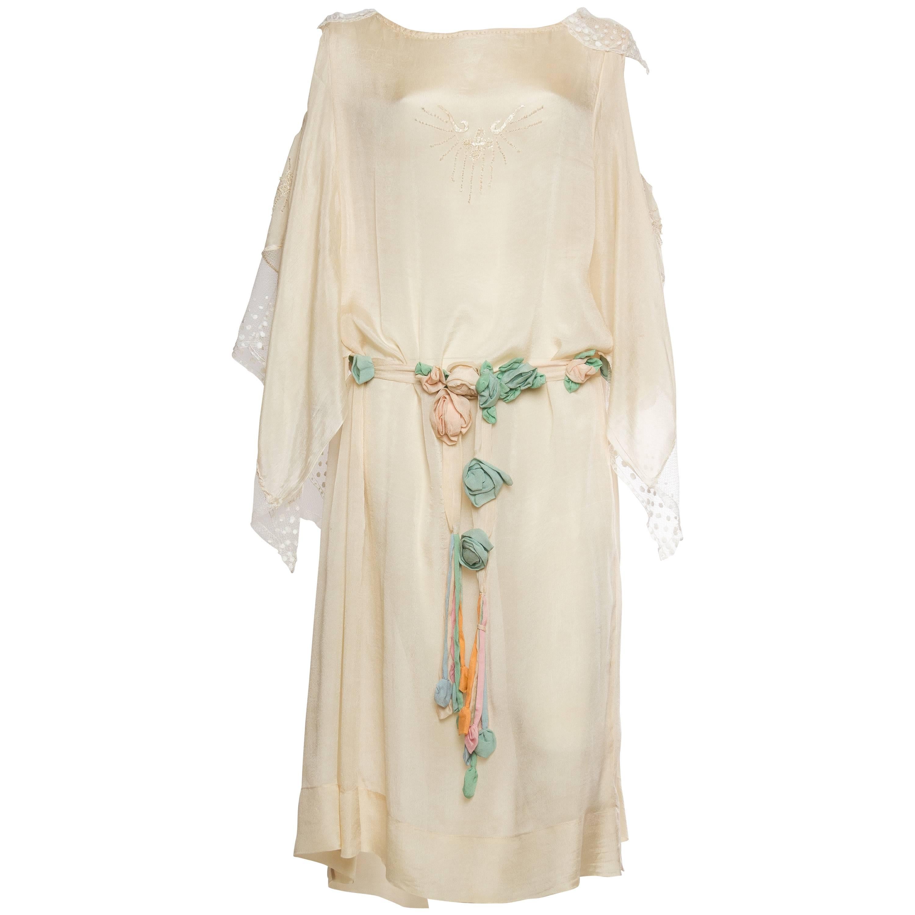 Early 1920s Kimono Sleeve Silk Dress with Roses and Lace