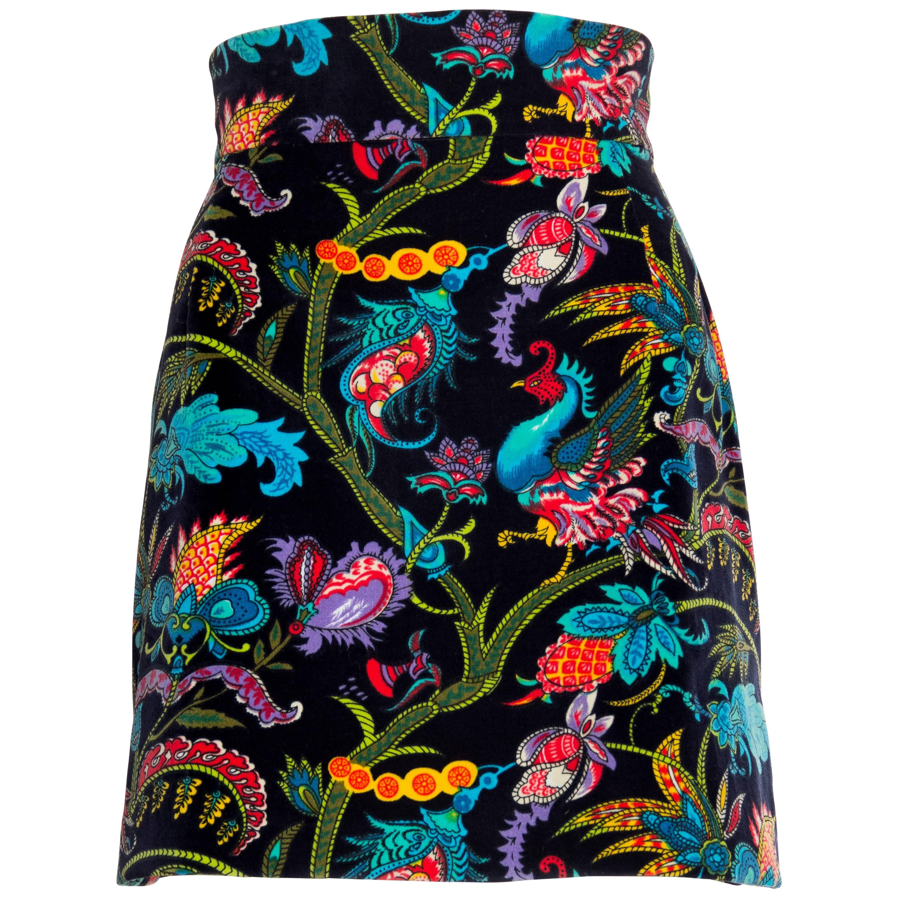 1960S Cotton Velveteen  Exotic Indian Printed Mini Skirt