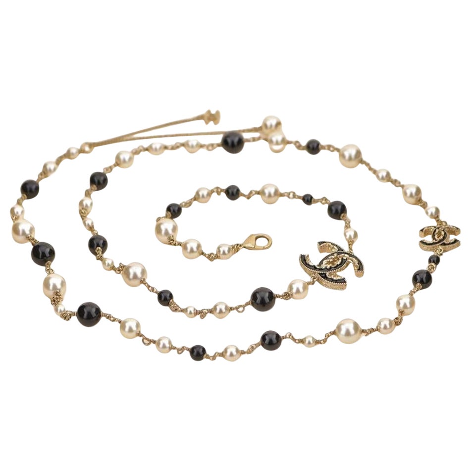 Chanel Pearl Enamel CC Long Necklace Black Gold