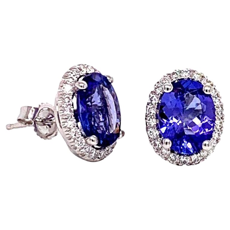 AAA Oval Tanzanite and Diamond 14K White Gold Stud Earrings For Sale