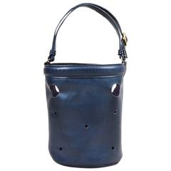 Vintage Hermes "Mangeoire PM" Navy GHW Leather Cut Out Bucket Bag