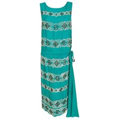 1920's French Turquoise-Blue Beaded Deco Floral Drop-Waist Swag Flapper Dress 12