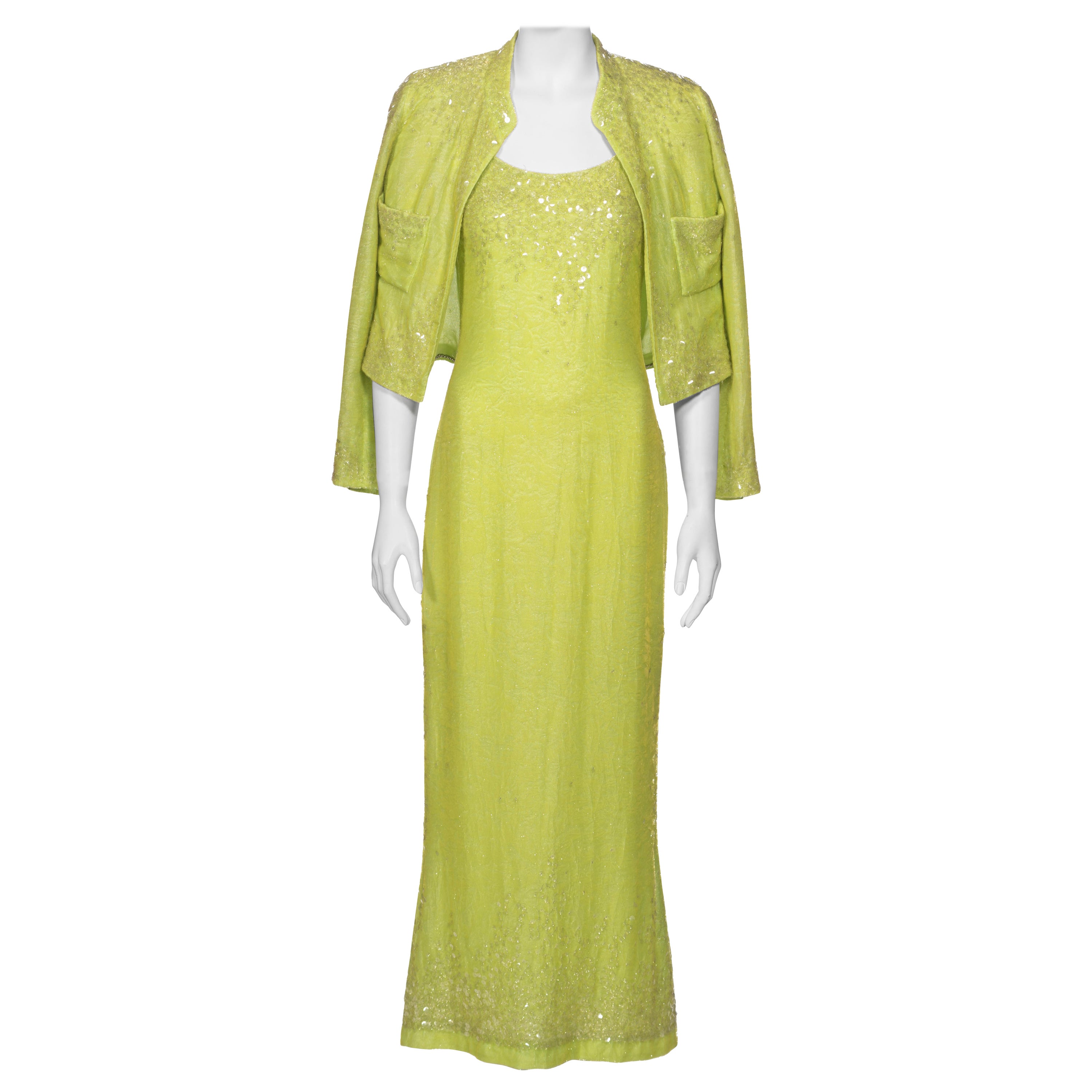 Chanel by Karl Lagerfeld Embellished Lime Green Velvet Dress and Jacket, ss 1997 For Sale