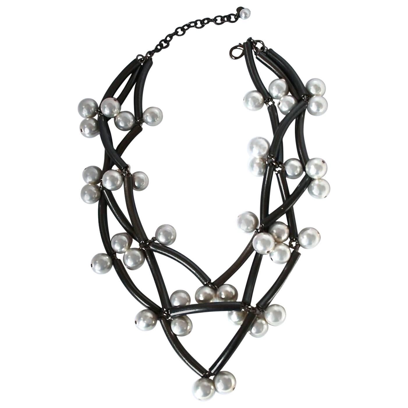 Francoise Montague Rhodium and Pearl Elke Necklace