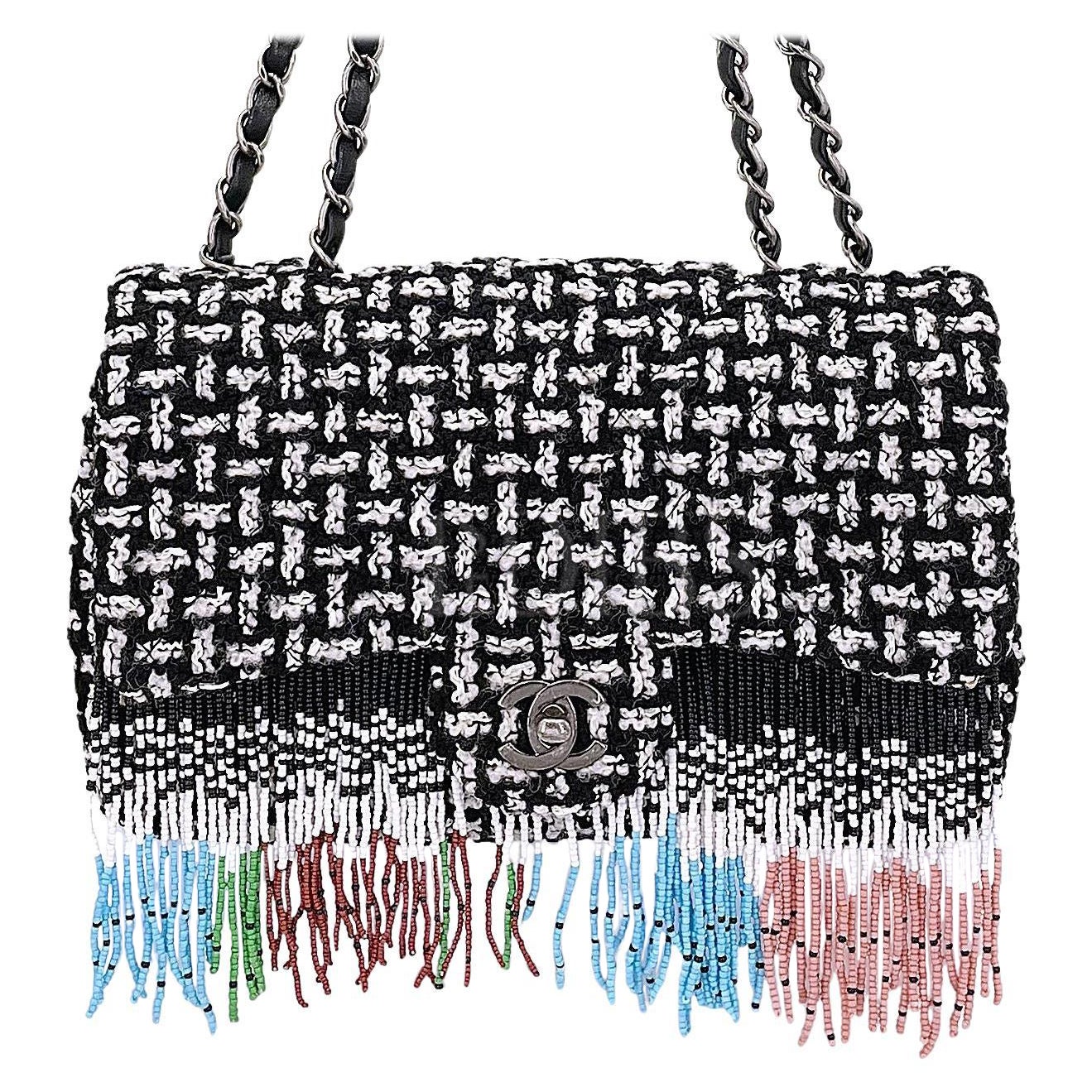 Chanel 2014 Paris-Dallas Métiers d'Art Tweed Beaded Fringe Flap Bag RHW 67934 For Sale