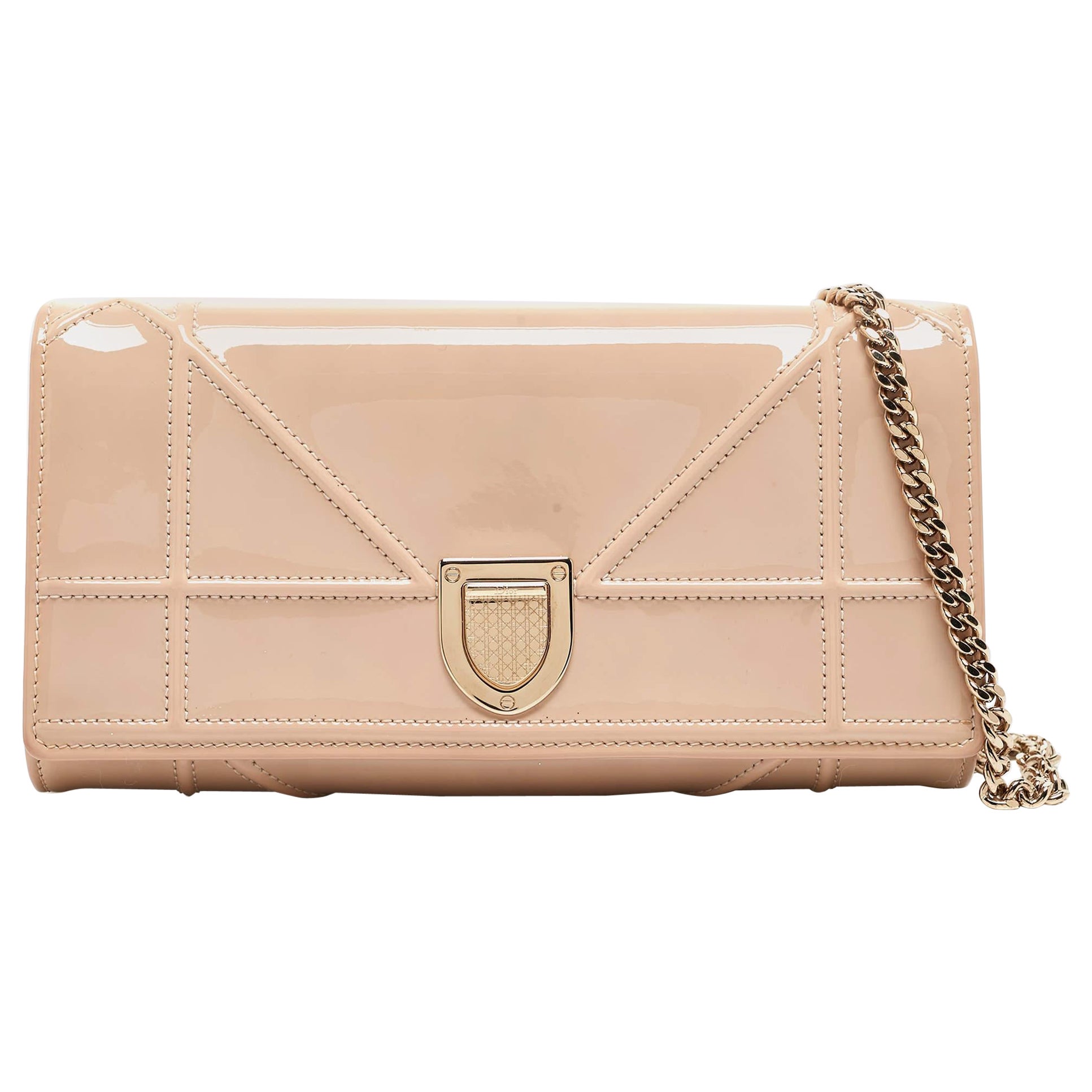 Dior Beige Patent Leather Diorama Wallet on Chain For Sale