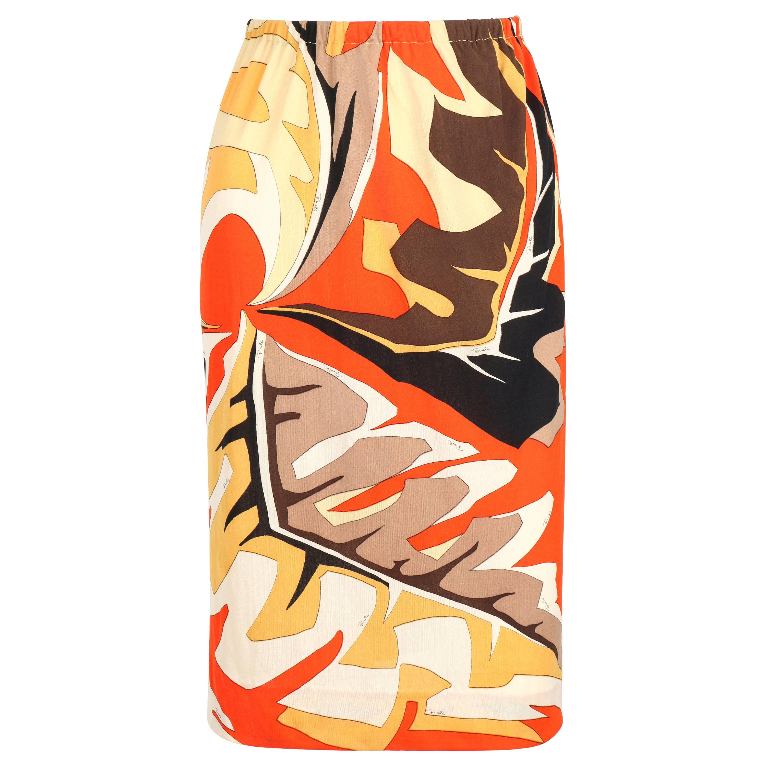 EMILIO PUCCI c.1960's Orange Multicolor African Leaf Print Silk Jersey Skirt