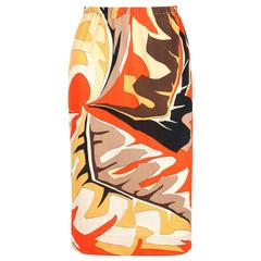 EMILIO PUCCI c.1960's Orange Multicolor African Leaf Print Silk Jersey Skirt 5