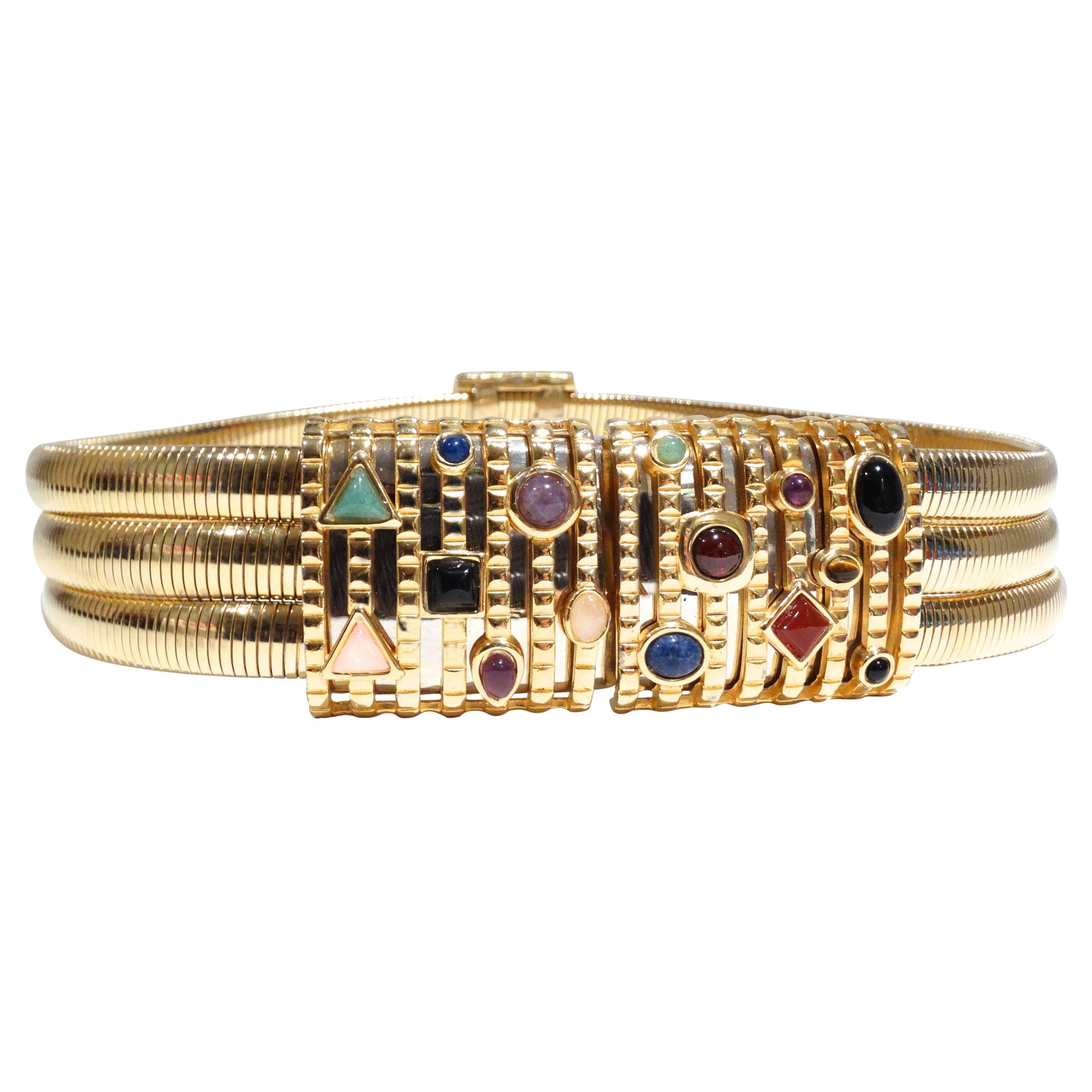 1990s Judith Leiber Triple Strand Gilt Belt with Semi-Precious Cabochon Gems