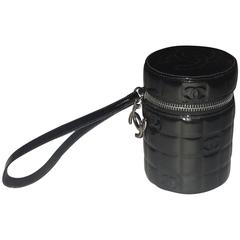 Chanel Black Patent Leather Quilted CC Logo Cylinder Canister Wristlet Clutch 1