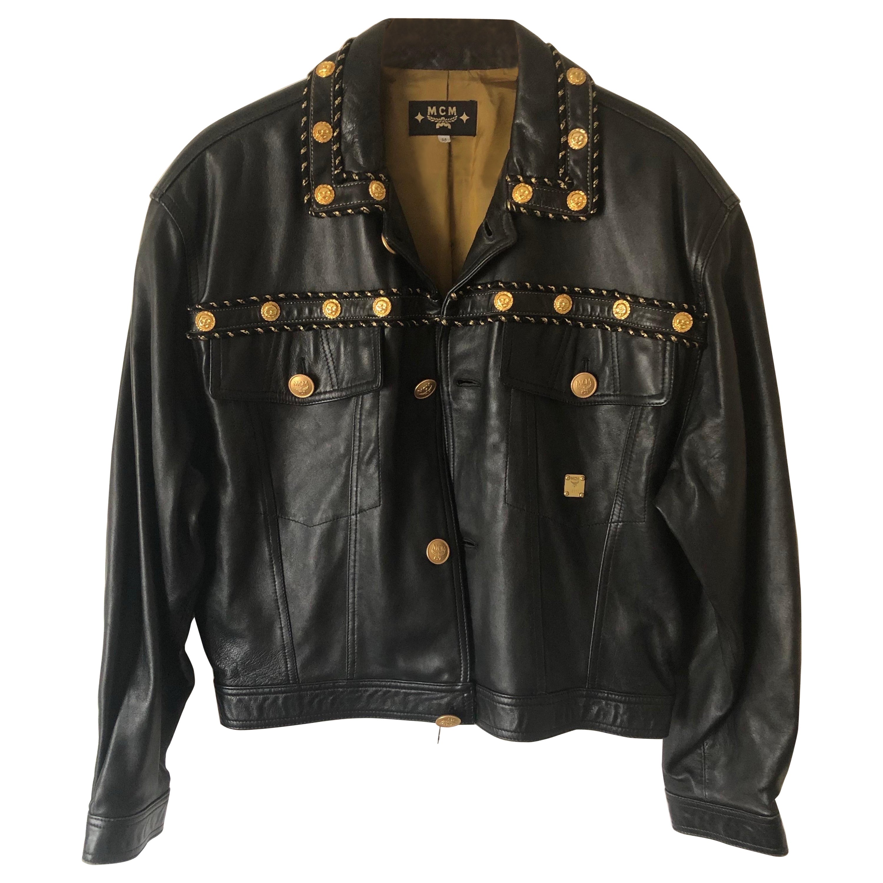 Vintage MCM Black Leather Jacket with Gold Plate and Buttons  For Sale