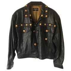 Vintage MCM Black Leather Jacket with Gold Plate and Buttons 
