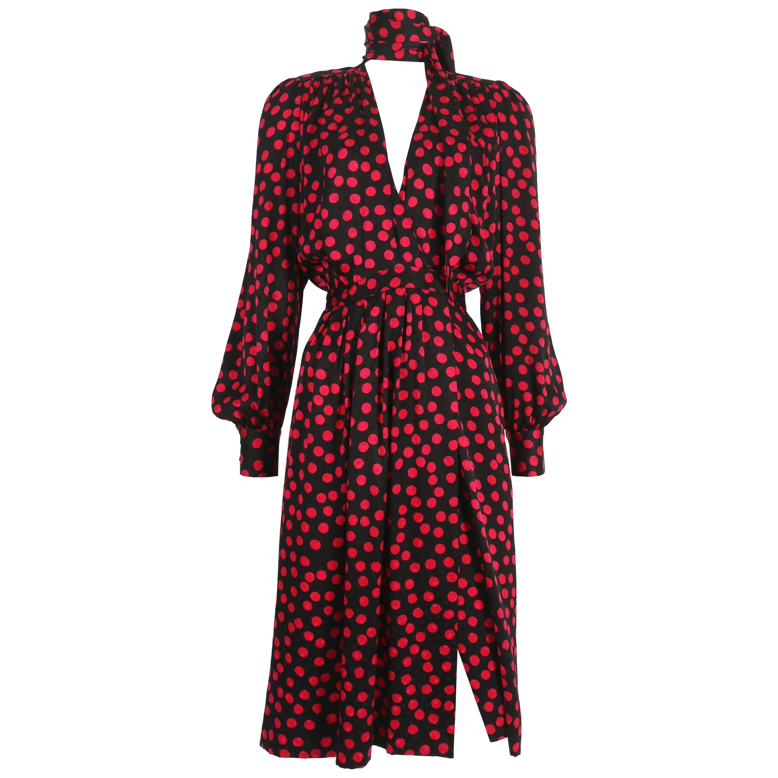 Yves Saint Laurent silk polka dot evening wrap dress, circa 1970s