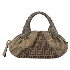 Used Fendi Monogram Fabric Brown Gold Leather Top Handle Satchel Small Mini Spy Bag