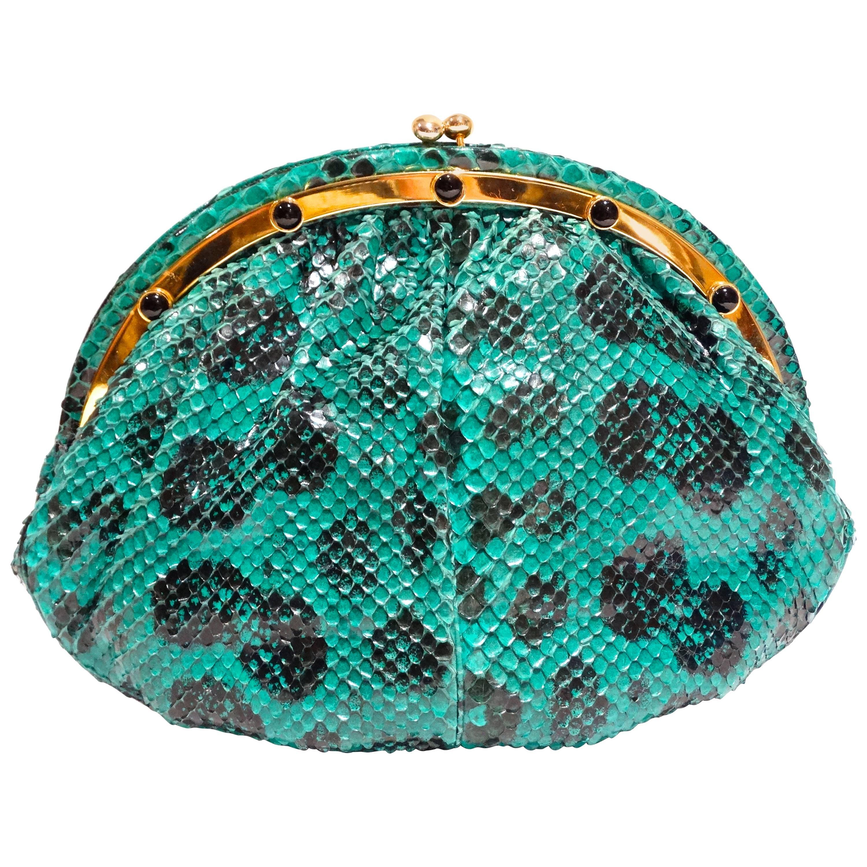 1980s Emerald Green Judith Leiber Leopard Print Snakeskin Bag