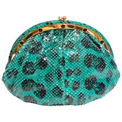 Vintage 1980s Emerald Green Judith Leiber Leopard Print Snakeskin Bag