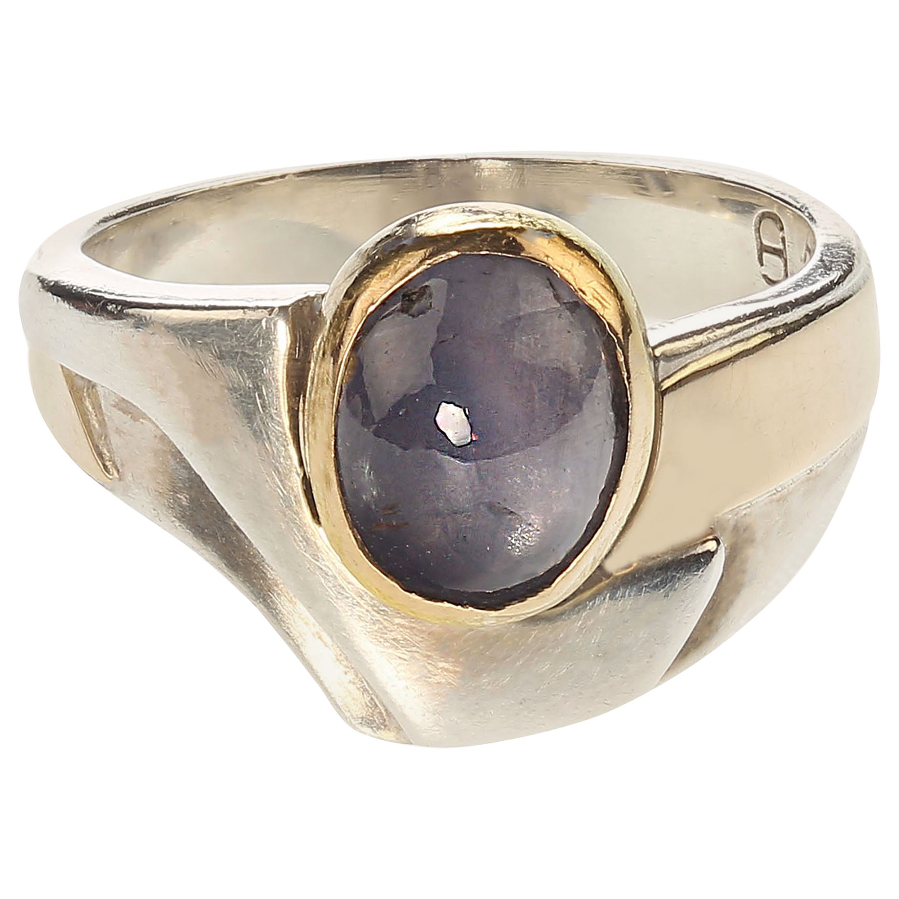 AJD Blue Star Sapphire Sterling and 18K Gold Handmade Ring
