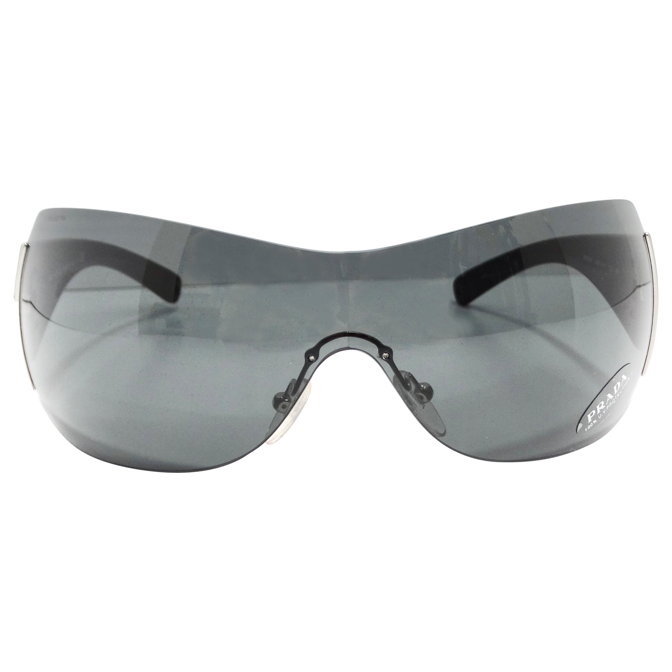 Prada 1990s Silver Tone Shield Sunglasses