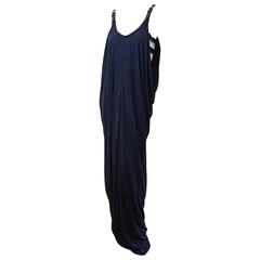 YIGAL AZROUEL Navy Jersey Draped Gown with Leather Strap Detail