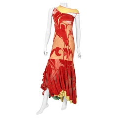 1991 John Galliano Documented Runway Red Flocked Velvet Asymmetric Bias-Cut Gown