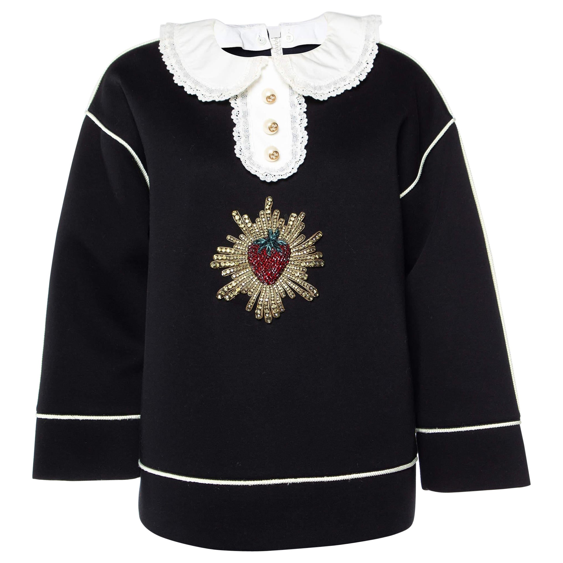 Gucci Black Strawberry Embellished Fleece Cotton Long Sleeve Top M For Sale