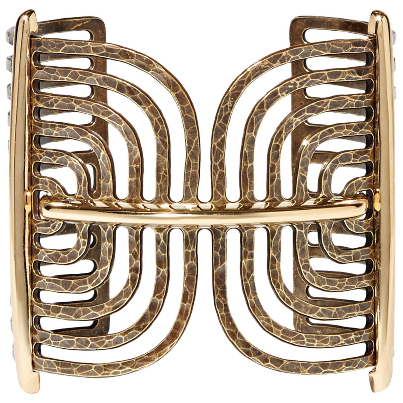 Lanvin NEW Gold Brass Pewter Cut Out Cage Wide Cuff Link Bracelet in Box