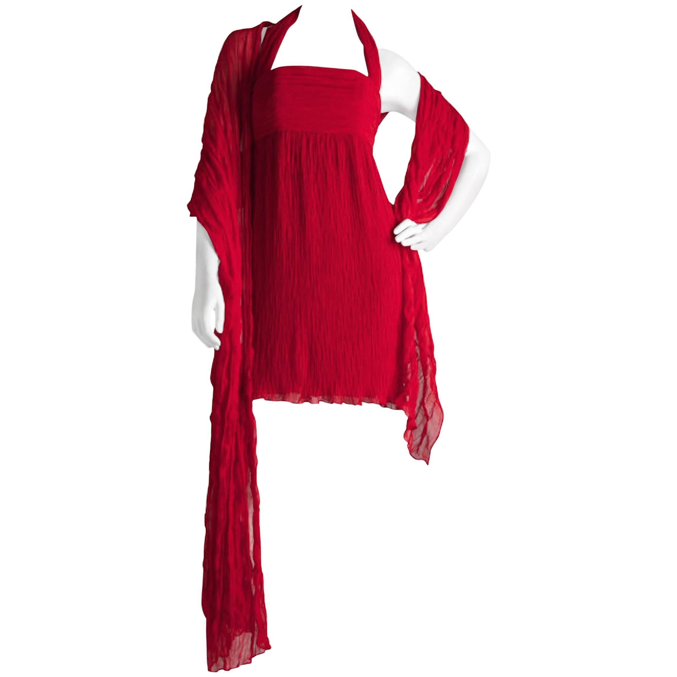 Wayne Clark Sample Red Chiffon Halter Mini Cocktail Dress With Shawl  For Sale