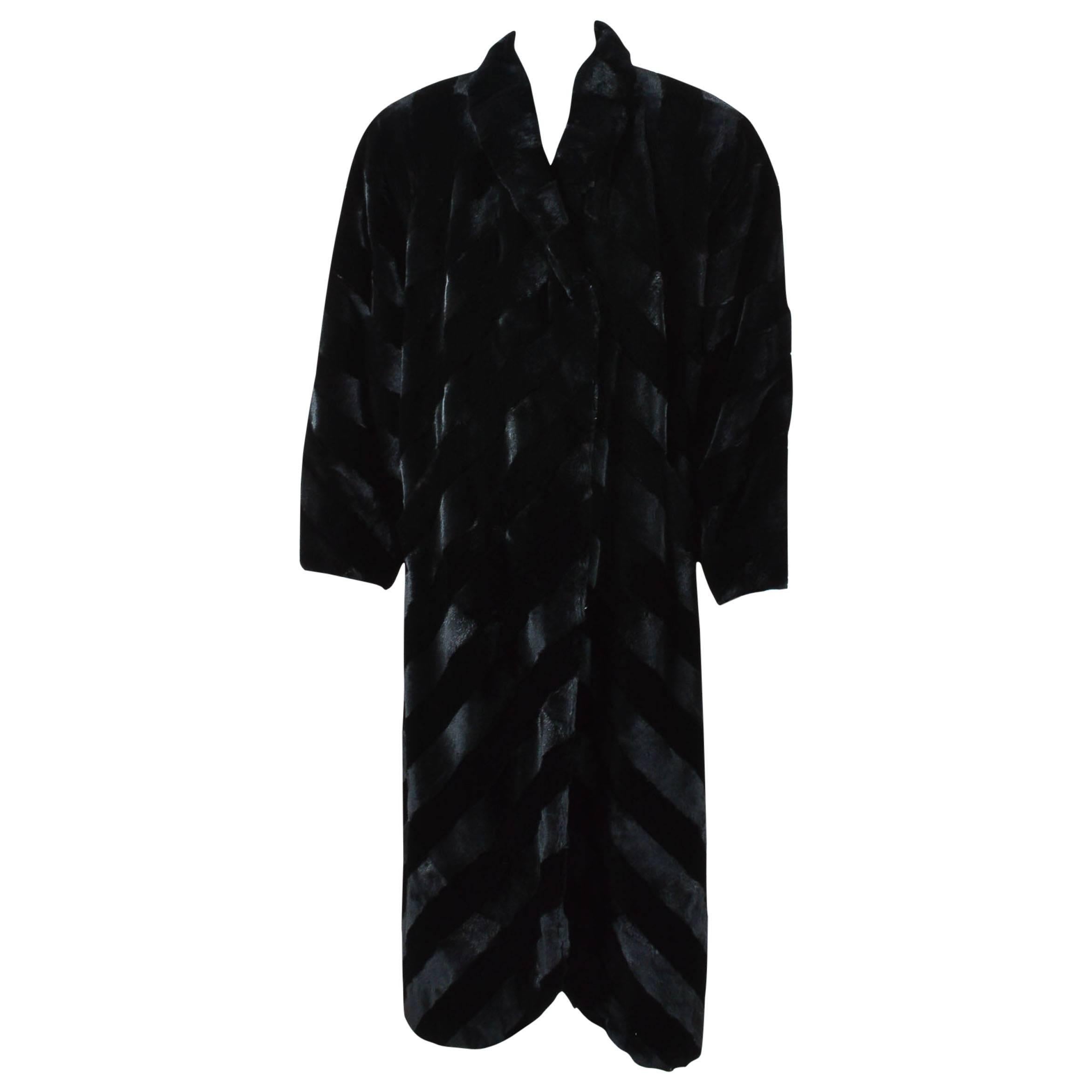 Vintage Fendi Black Navy Fur Diagonal Stripe Collared Long Coat For Sale